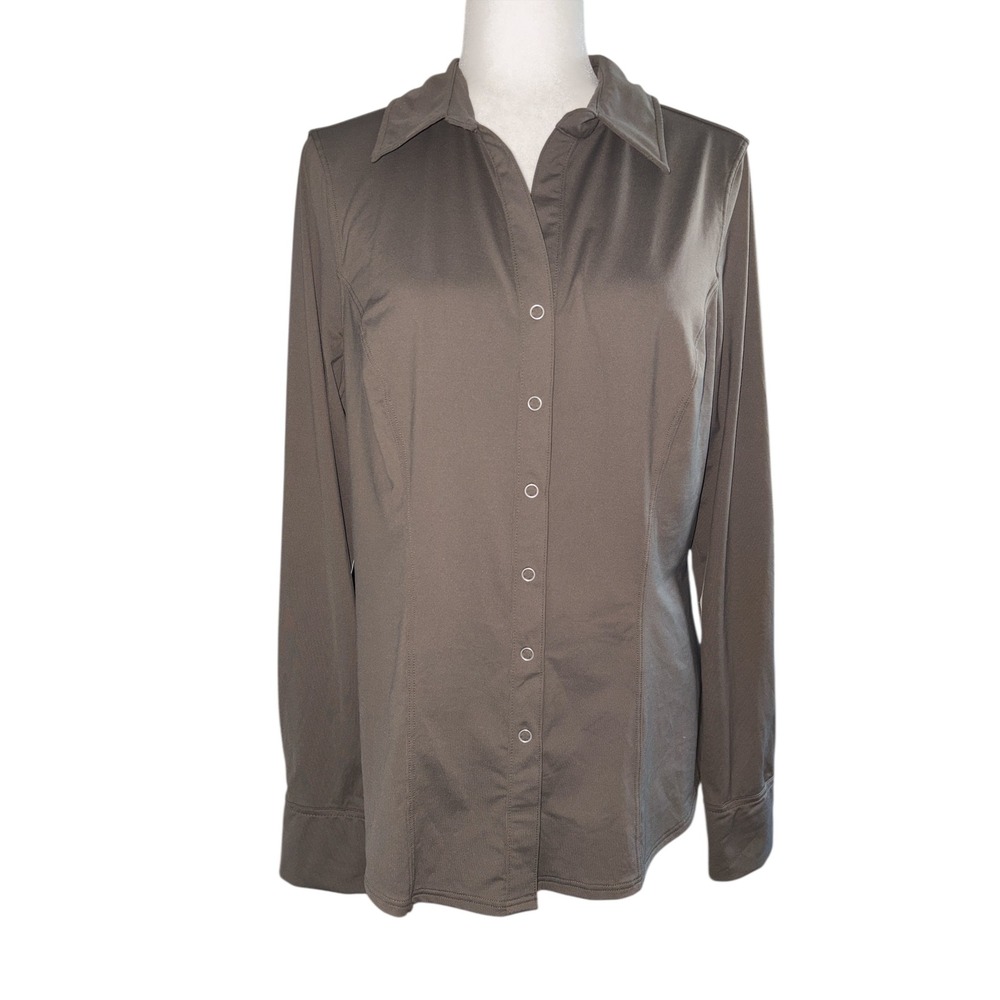 Athleta Women's Snap Front Long Sleeve Shirt Brown Taupe Size‎ Large